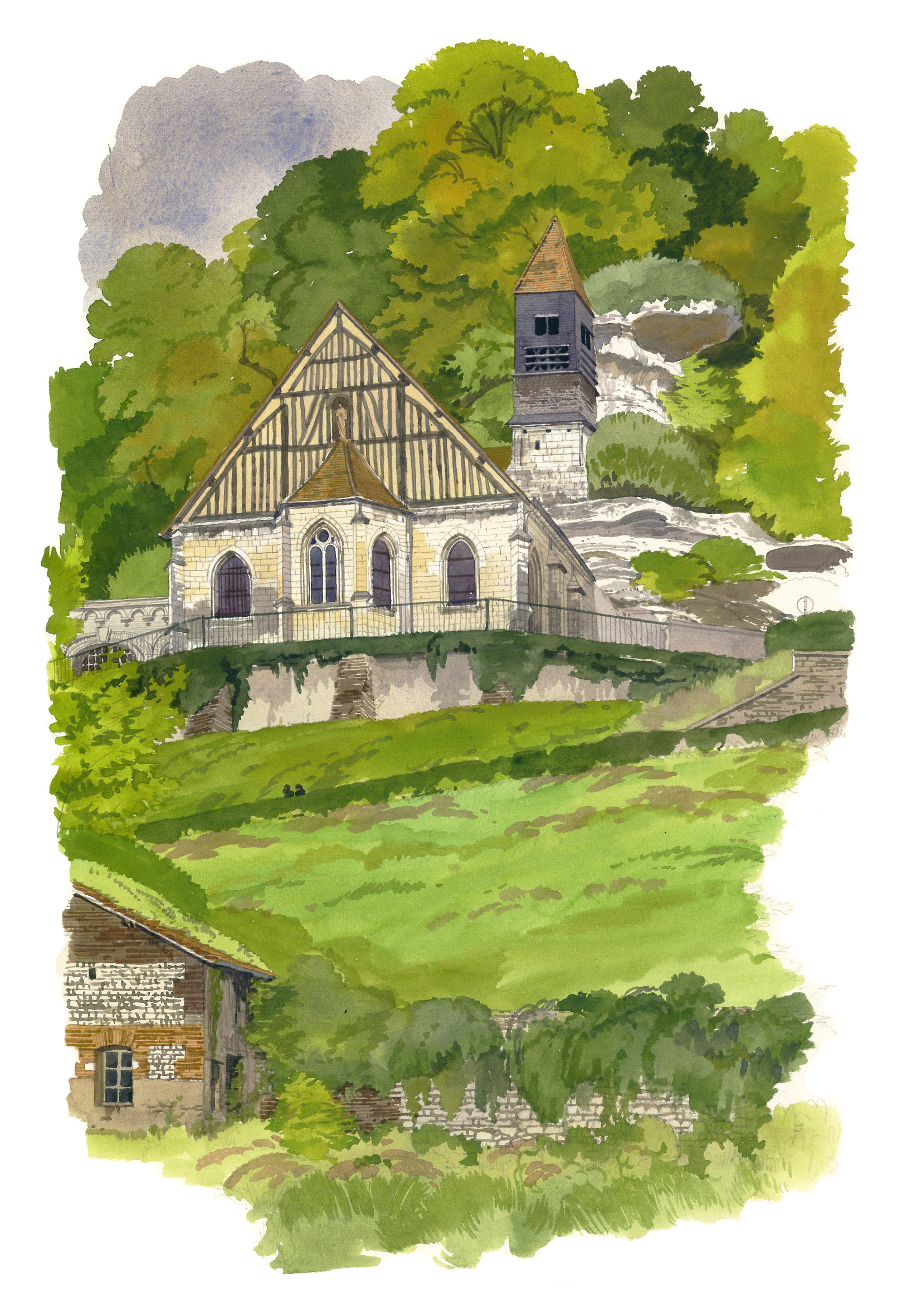 Église d'Orival, sur fond de falaise de craie, bord de Seine