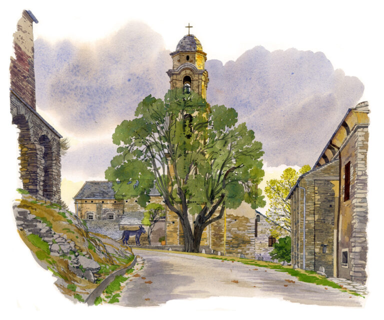 Ampriani. Église et rue principale