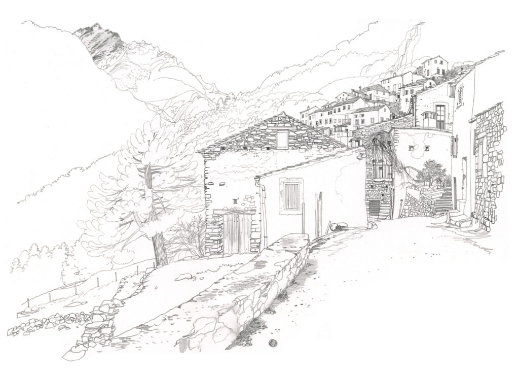 Asco. Vue du village. Crayon