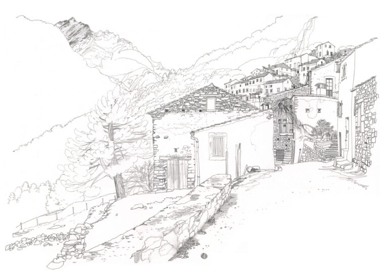 Asco. Vue du village. Crayon