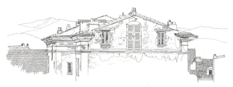 Corte. Toits de maison. Crayon