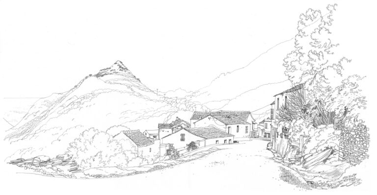 Granagiolo. Entrée du hameau. Crayon