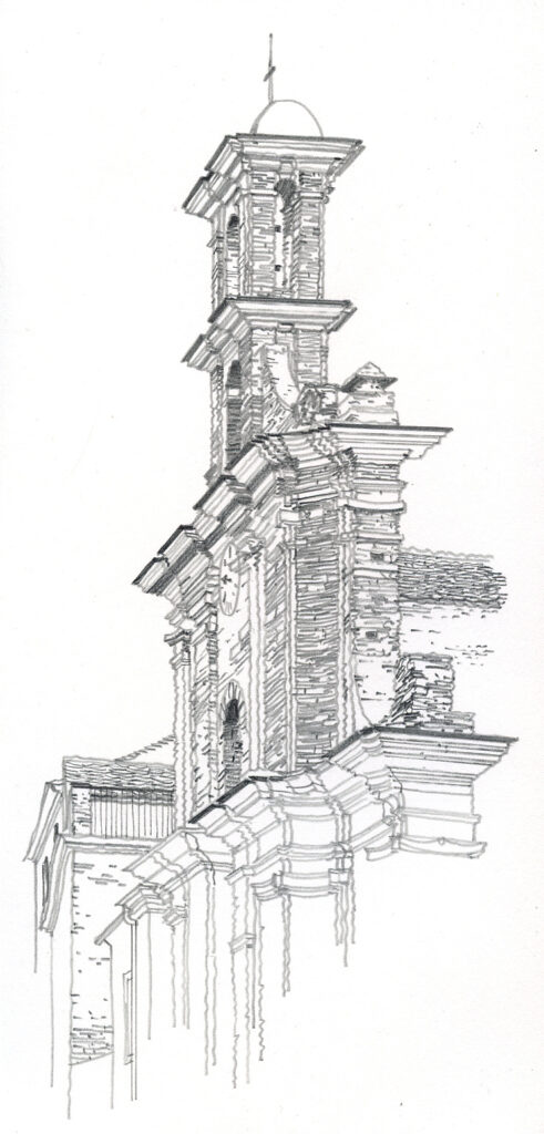 Penta di Casinca. Clocher de l’église. Crayon