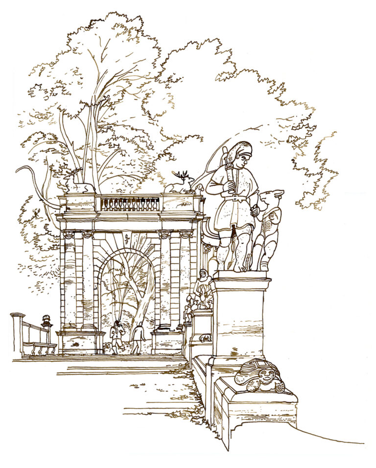 Friedrischshain. Fontaine dans le parc du Peuple. Encre sépia