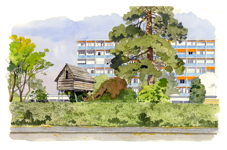 Hansa Viertel. Immeuble années 1960 et cabane en bois