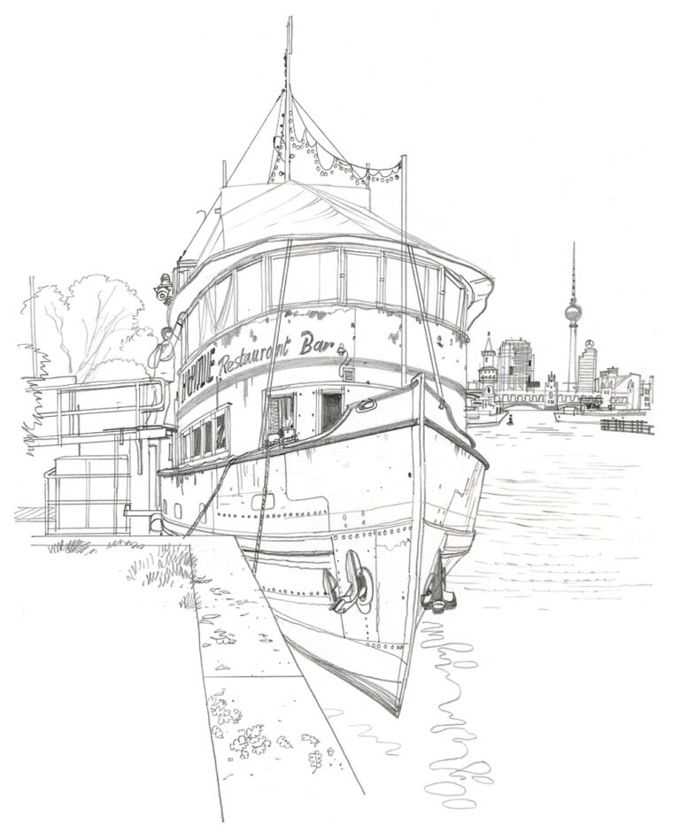 Treptow. Le MS Hoppetosse, sur la Spree. Crayon