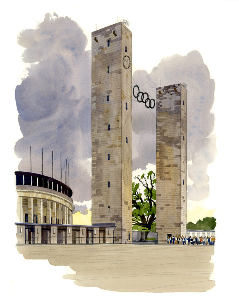 Olympia Stadion. Pylônes de l’entrée