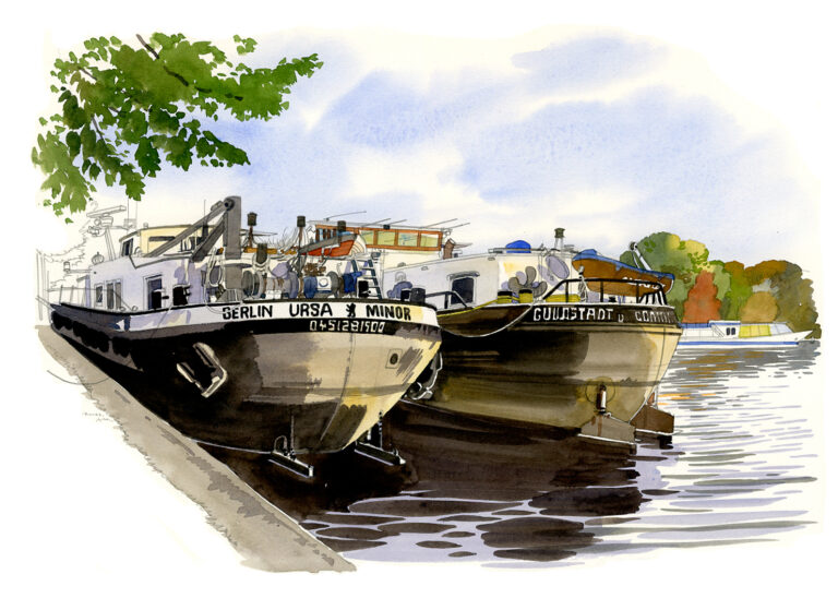 Presqu’île de Stralau. Péniches sur la Spree